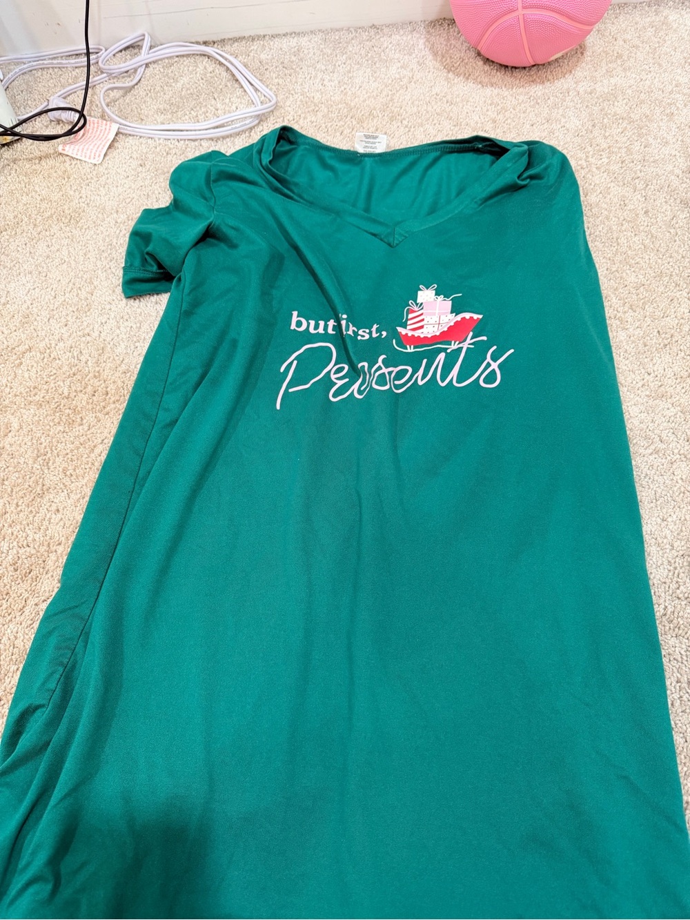 Women's Emerald Green V-Neck Sleep Tee with 'Presents' Graphic